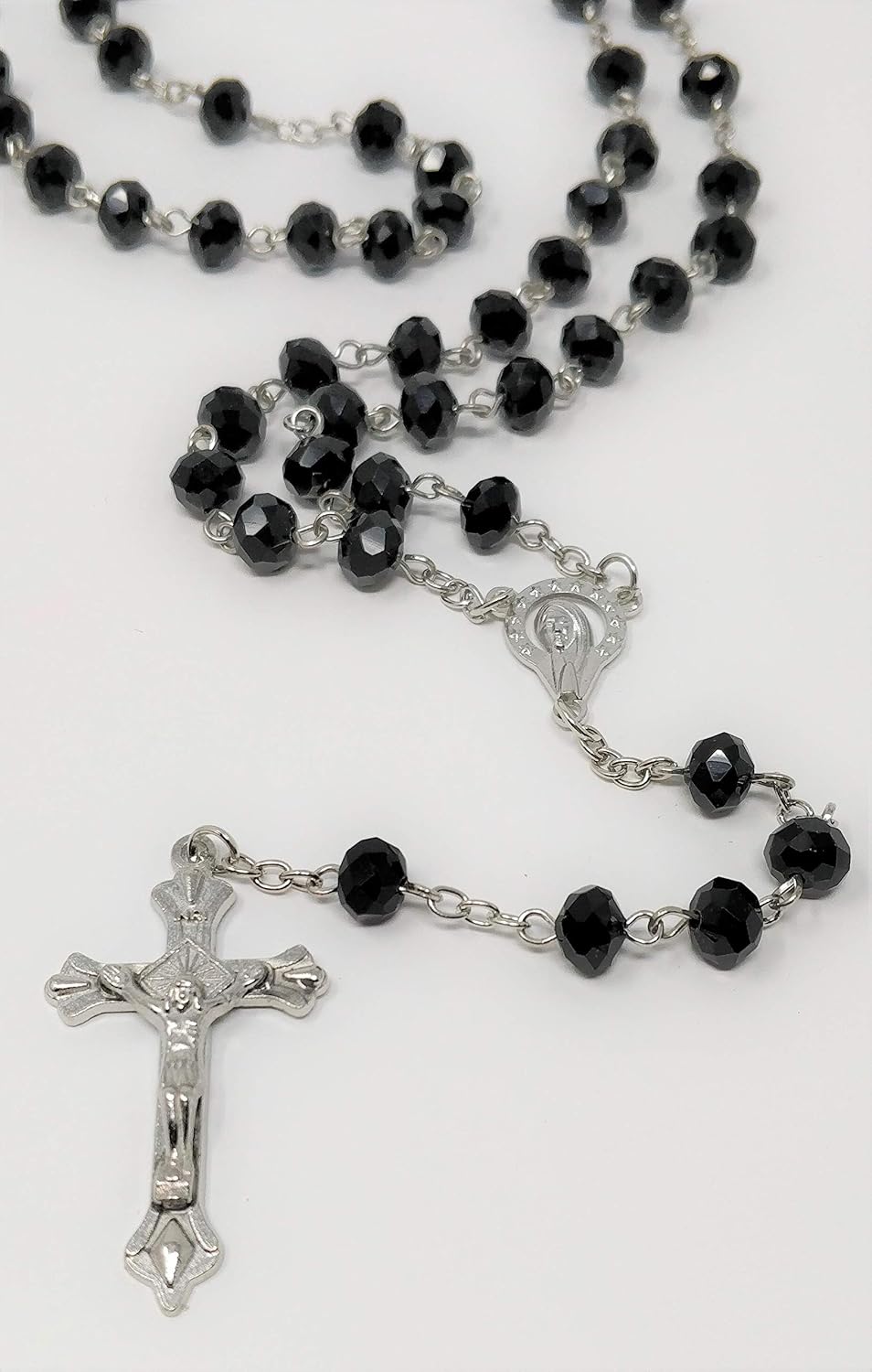 Diamond Cut Black Glass Rosary Beads Necklace with Silver Crucifix, Luxury Catholic Prayer Rosary, Faceted Crystal Beads - Image 3