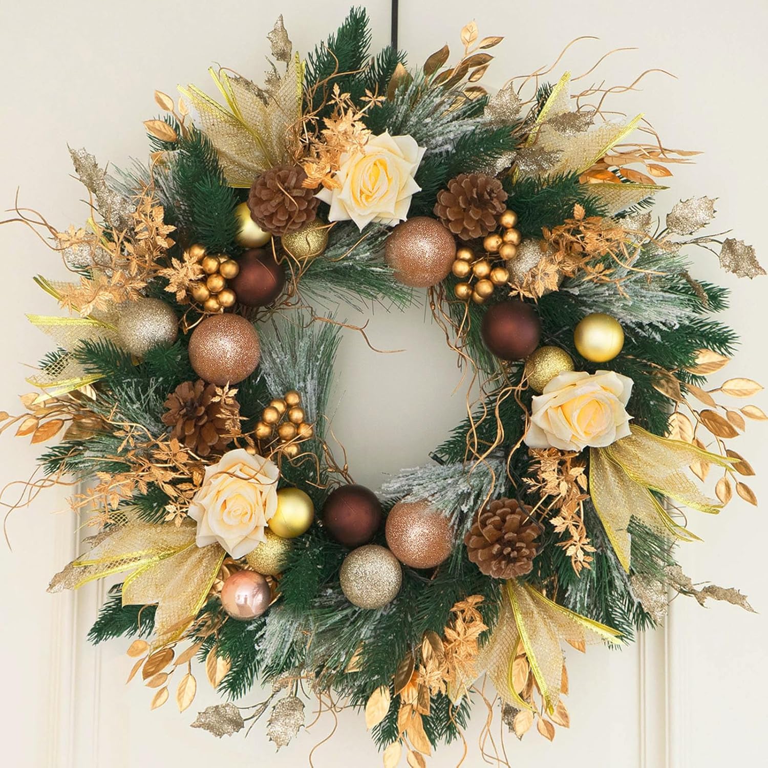 Wreaths, Garlands & Swags - Christmas Wreaths for Front Door with Lights Pre-Lit, Soomeir 24“ Champagne Gold Door Wreath with Ball Ornaments, Battery Operated Holiday Thanksgiving Fall Winter Decor (Gold)