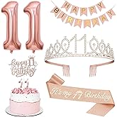 11th Birthday Decorations Set, Including 11th Tiara and Sash, Happy Birthday Banner, Cake Toppers, Number Candles and Balloons Set, Rose Gold