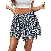 Avidlove Mini Skirts for Women Mesh Flowy Y2k Skirt Drawstring Ruched Bow Layer Asymmetrical Short Skort Black Floral
