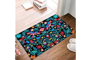 DIFNARY Mexican Art Indoor Doormat Bath Rugs Non Slip, Washable Cover Floor Rug Absorbent Carpets Floor Mat Home Decor for Kitchen Bedroom Teal Flowers Botanical Bird Black Boho Ethnic 16 * 24in