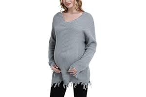 Bhome Maternity Sweater Ripped Loose V Neck One Shoulder Off Knit Maternity Pullover Long Sleeve Pregnant Sweater Top