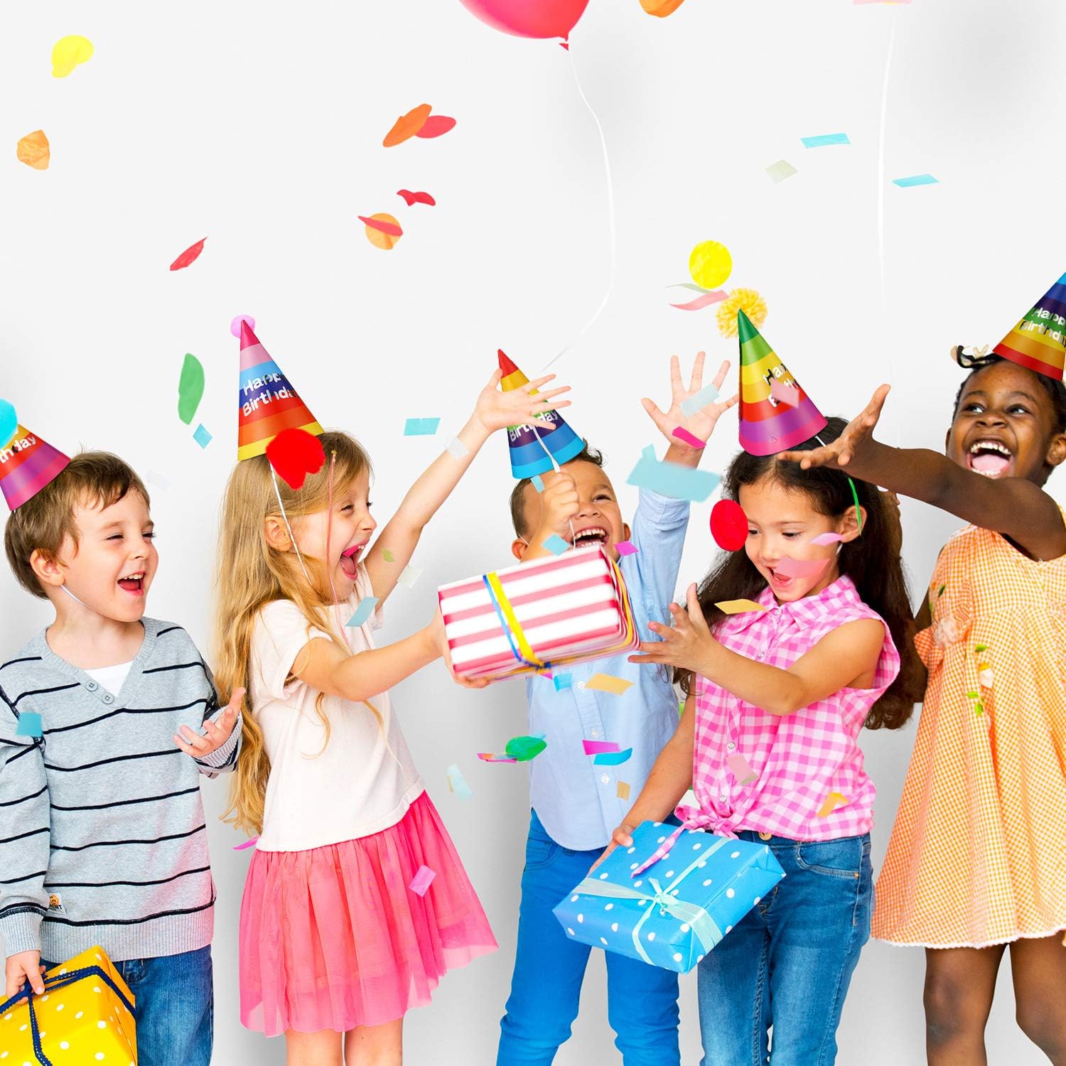 20 Pieces Rainbow Birthday Party Hats Adorable Party Cone Hats with Colorful Happy Birthday Banner for Adults Kids Birthday Party Decorations: Toys & Games
