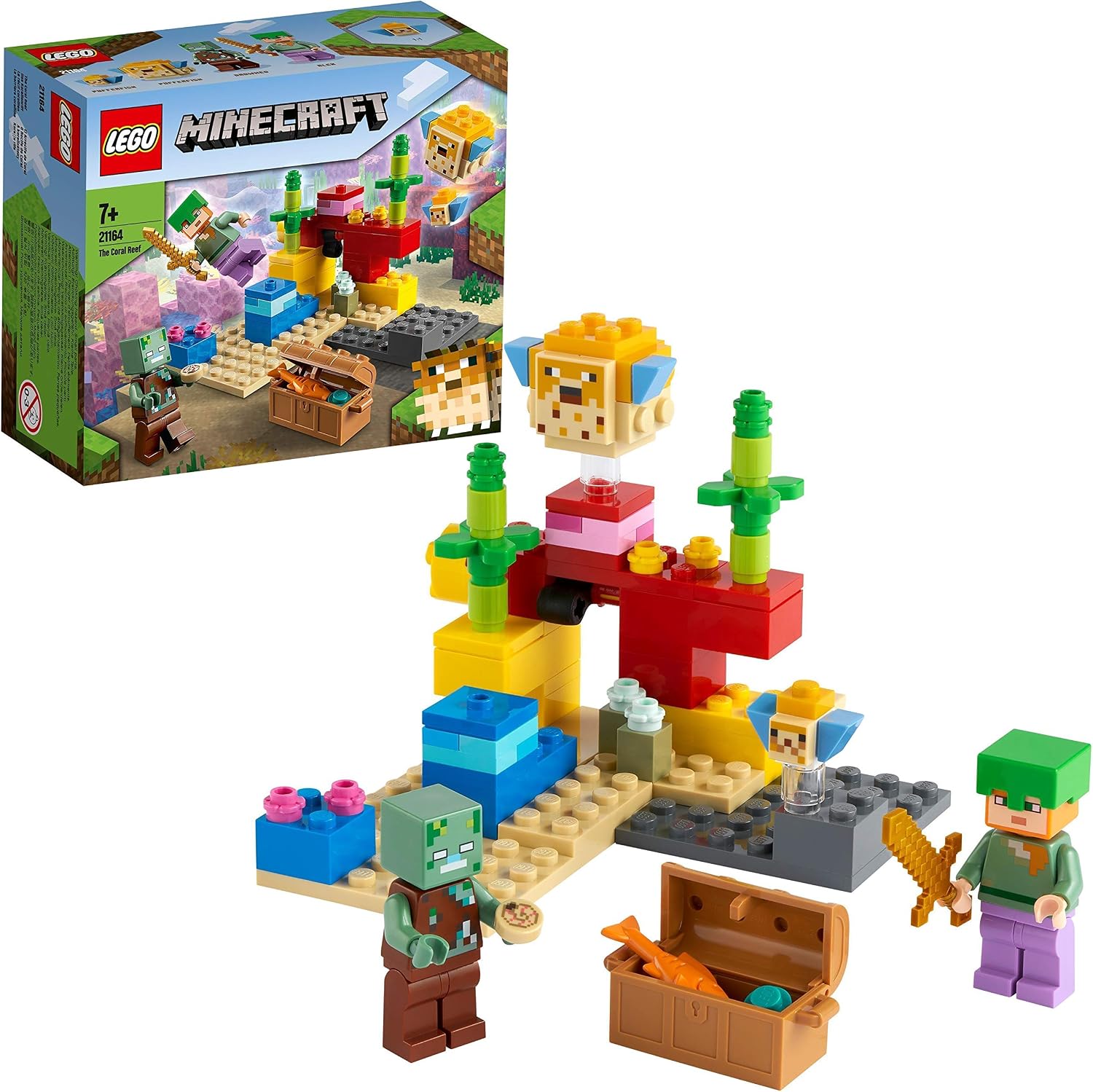 LEGO 21164 Minecraft The Coral Reef Building Toy with Alex, 2 Brick-Build Puffer Fish and Drowned Zombie Figures
