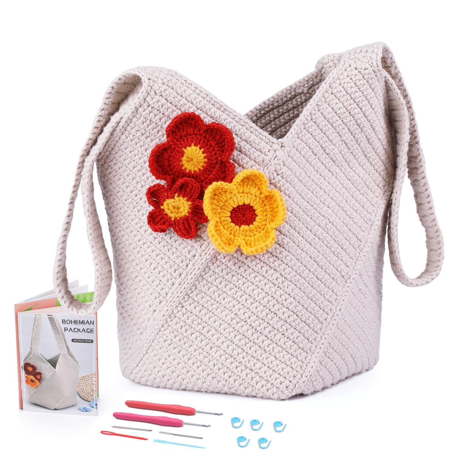 BUOKKON Crochet Bags Kit for Beginners, Beginner Crochet Kit for Adults with Step-by-Step Video Tutorials Yarn Crochet Hook, Complete Crochet Kits for Adults DIY Knitting (Beige)
