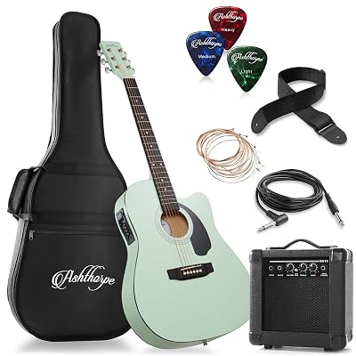 Ashthorpe Full-Size Thinline Cutaway Acoustic Electric Guitar Package with 10 Watt Amp - Mint Green
