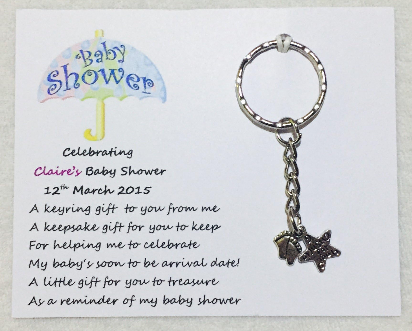 5 x Personalised Baby Shower Keyring Favours/Gifts