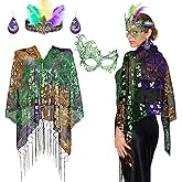 Geyoga 4 Pack Mardi Gras Costume Accessories Set Including Tassel Shawl Scarf, Masquerade Mask, Feather Glitter Headband, Dangle Earrings for Carnival Celebration Parade Dress Party