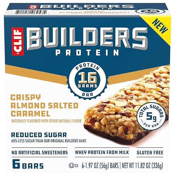 CLIF BUILDERS PROTEIN BARS – CRISPY ALMOND SALTED CARAMEL – REDUCED SUGAR – GLUTEN FREE – 16G PROTEIN – NO ARTIFICIAL SWEETENERS – 1.97 OZ. (6 PACK)