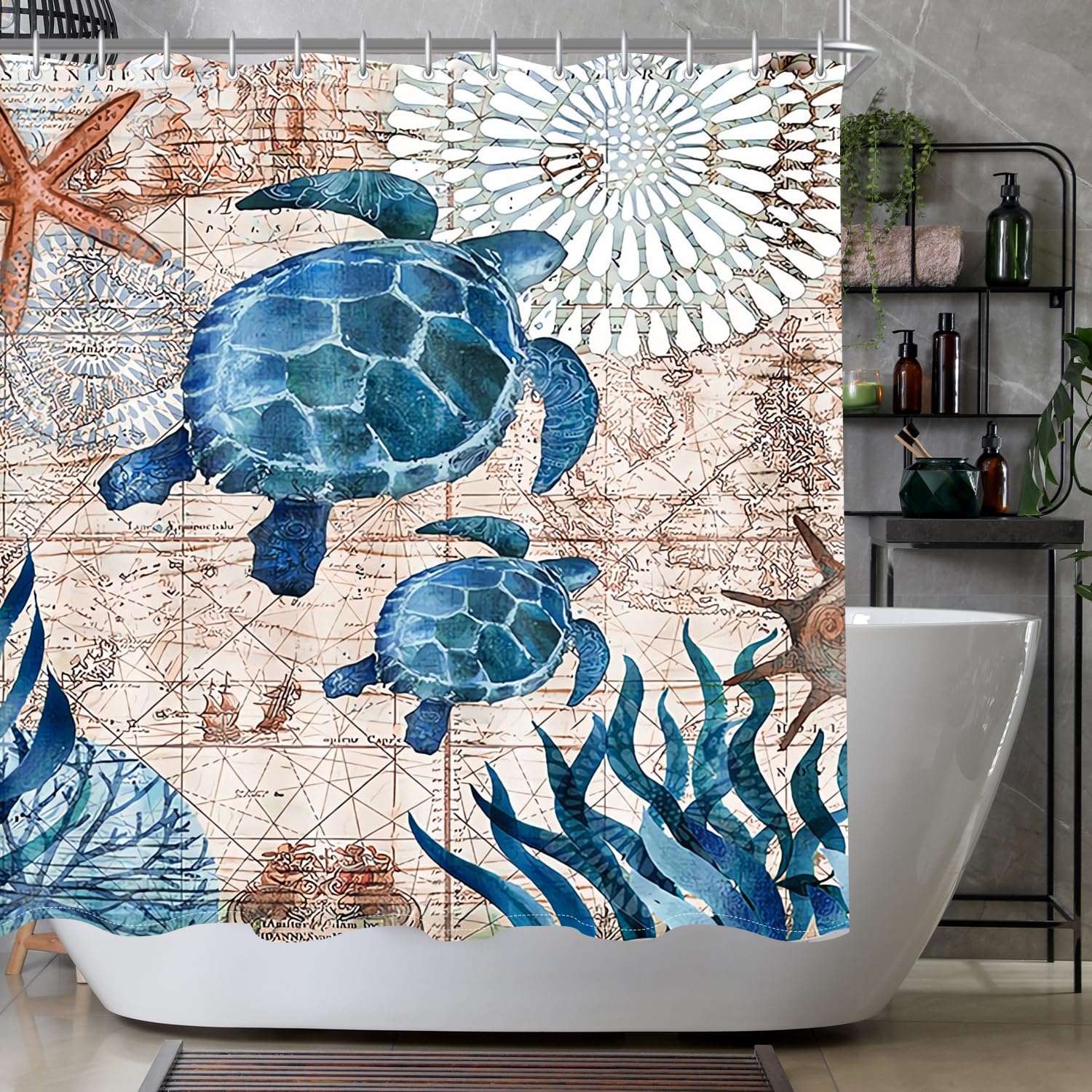 Lerores Shower Curtain 120 x 200 cm, Sea Turtle Pattern, Weighted Hem, Mildew Proof, Waterproof, Washable Polyester Fabric Shower Curtain, with Grommets and 8 Shower Curtain Rings for Bathroom, — image 1