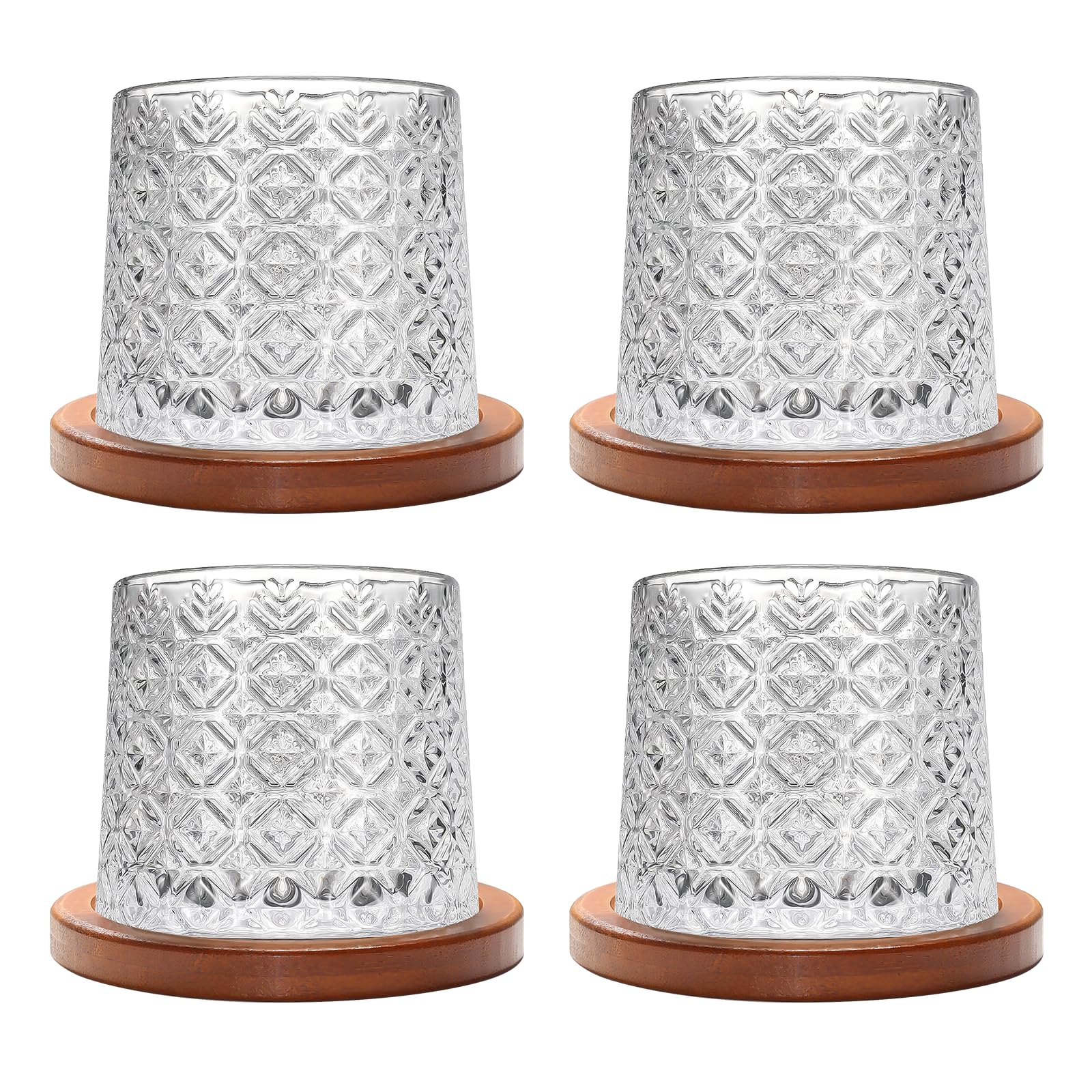 Rotatable Old Fashioned Crystal Whiskey Glass Set of 4, 275ml/10oz, With Wood Coaster - Thickened for Rum, Cocktails, Coffee, Milk - Relax and Reduce Stress
