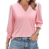 Uhiger Tunic Tops for Women 3/4 Length Sleeve Womens Tops V Neck Blouses Shirts Dressy Casual with Smocked Cuffs