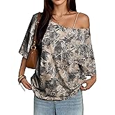 somzop Women’s Off The Shoulder Tops Oversized Camo T Shirt Maple Leaf Print Short Sleeve Y2K Casual Streetwear Summer Top