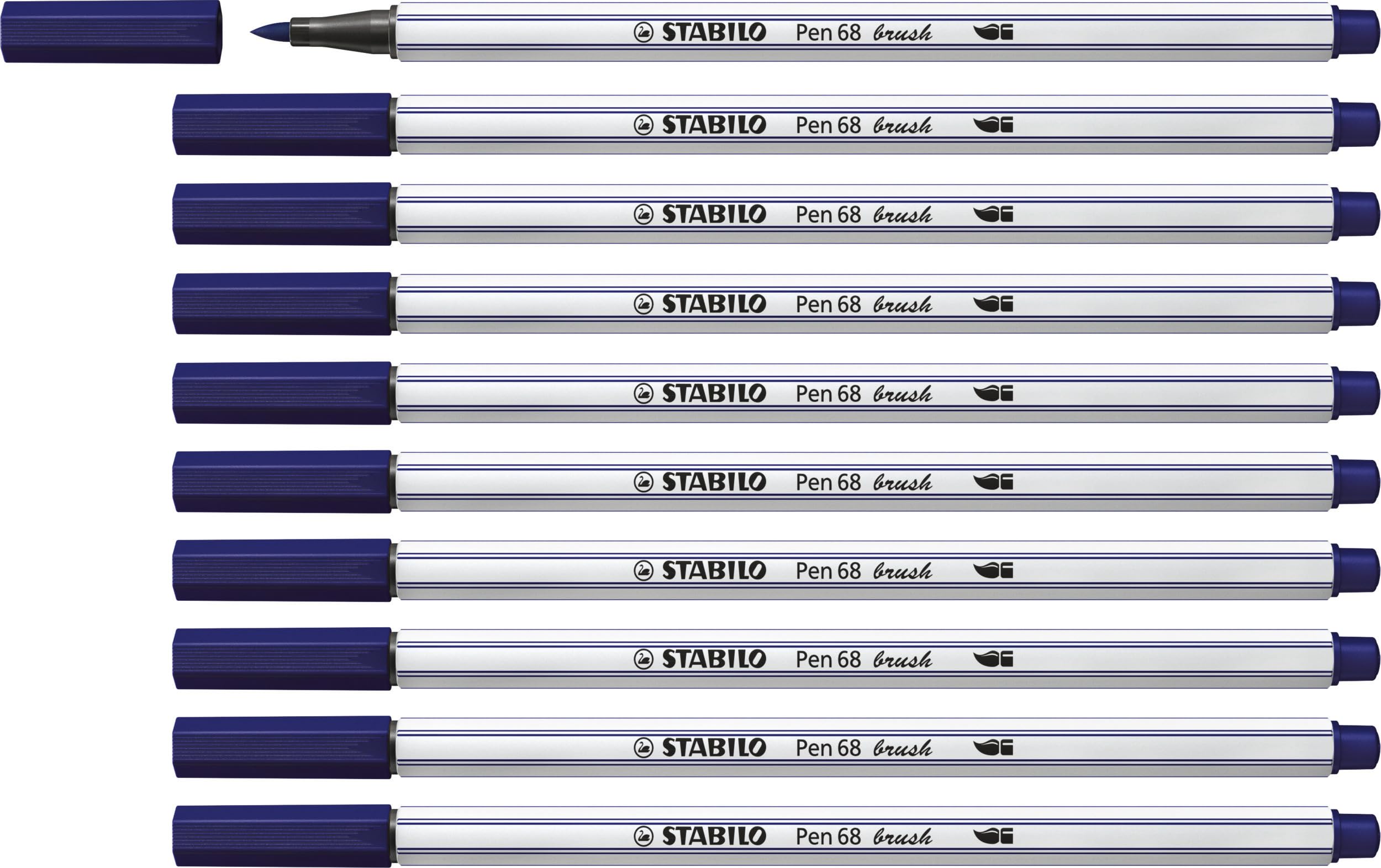 STABILO Pen 68 brush - Premium Fibre-Tip Pen with Brush Tip - Pack of 10 - Prussian Blue