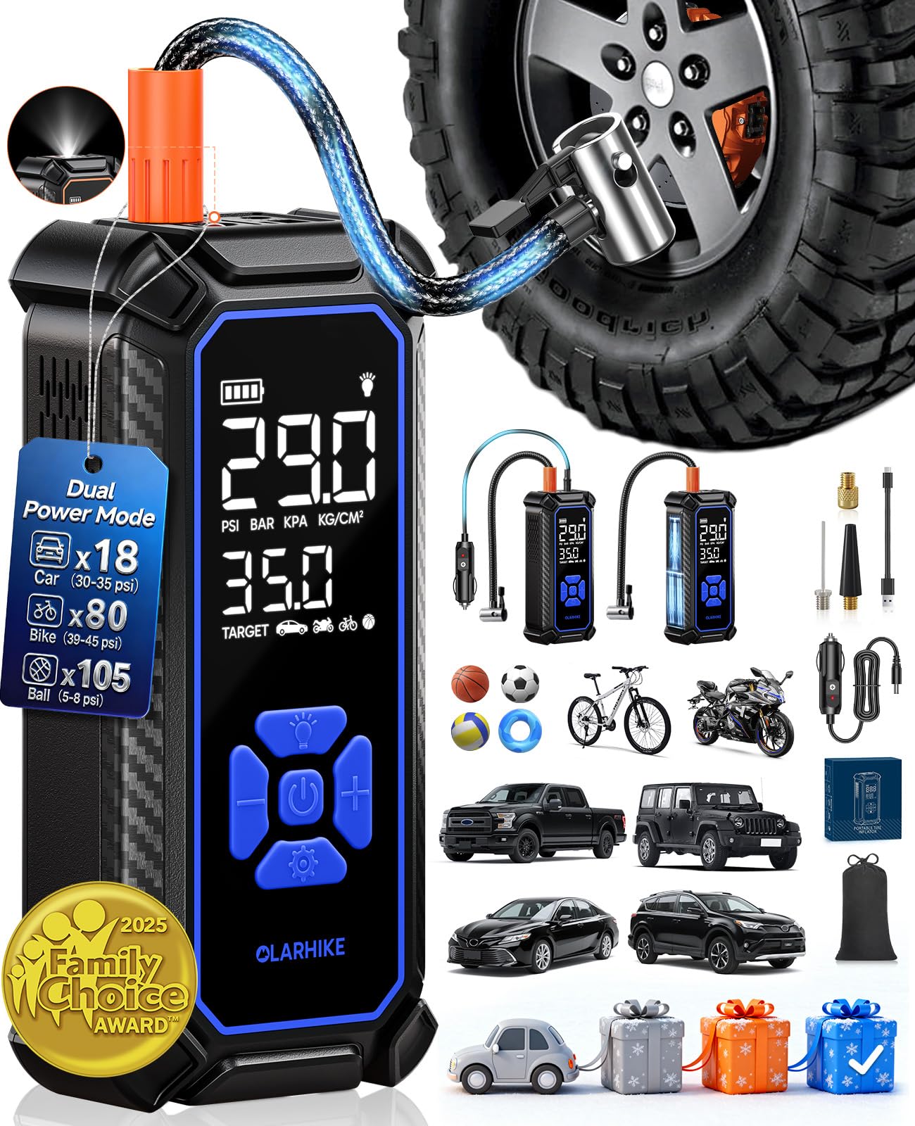 OlarHike Tire Inflator Portable Air Compressor, Dual Power-3 * 2000mAh & 12V DC