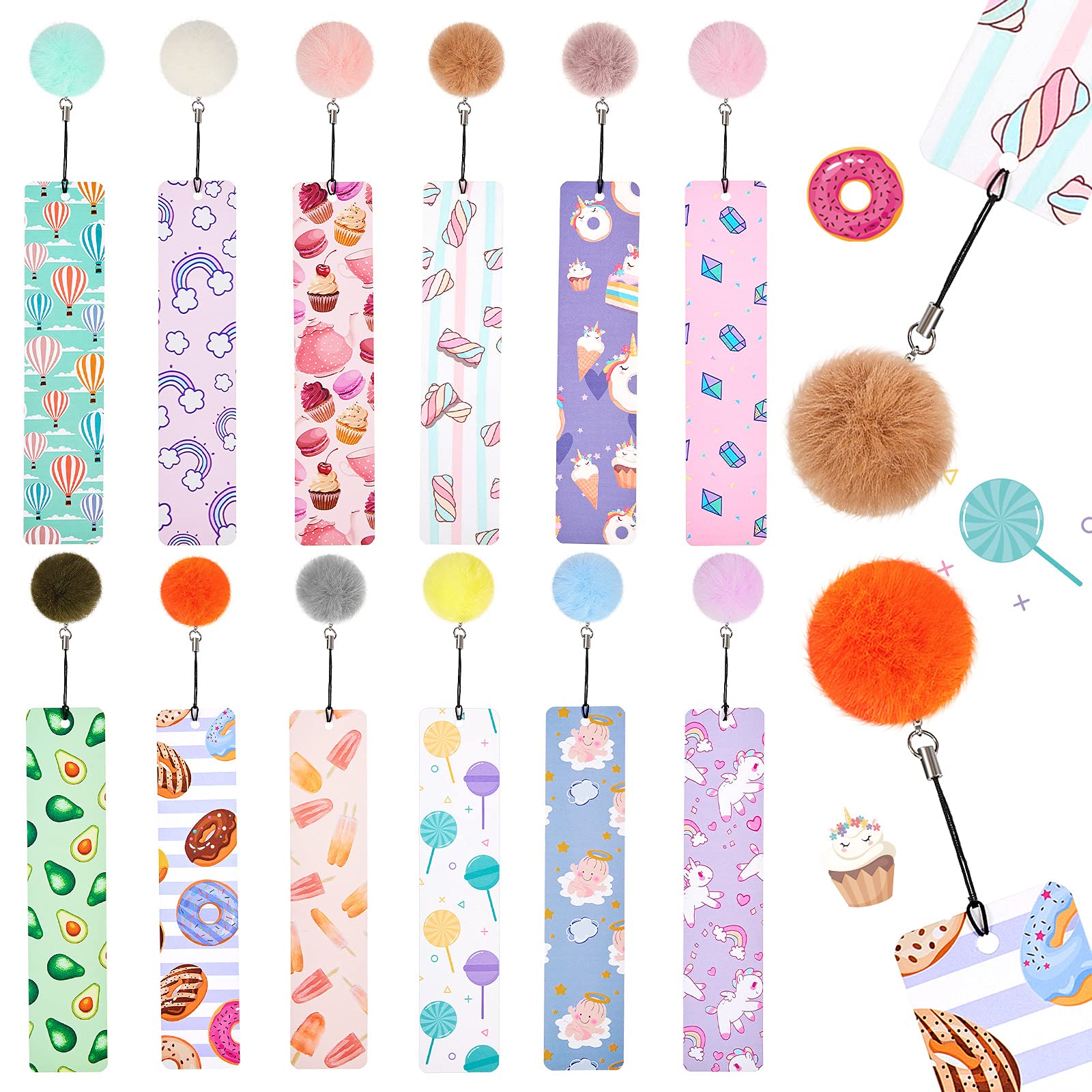 12 Pieces Kids Bookmarks, Cute Pom Pom Style for Girls, Women, Teens - Animal Designs, Rulers, Party Favors, School Classroom Reading Presents