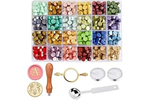 KKJCXY Wax Seal Stamp Kit - Sealing Wax Beads in 24 Colors with Personalized Letter Stamp,Steel Melting Spoon,Tea Candles and Round Molds – Perfect for Wedding Invitations,Envelopes(A)