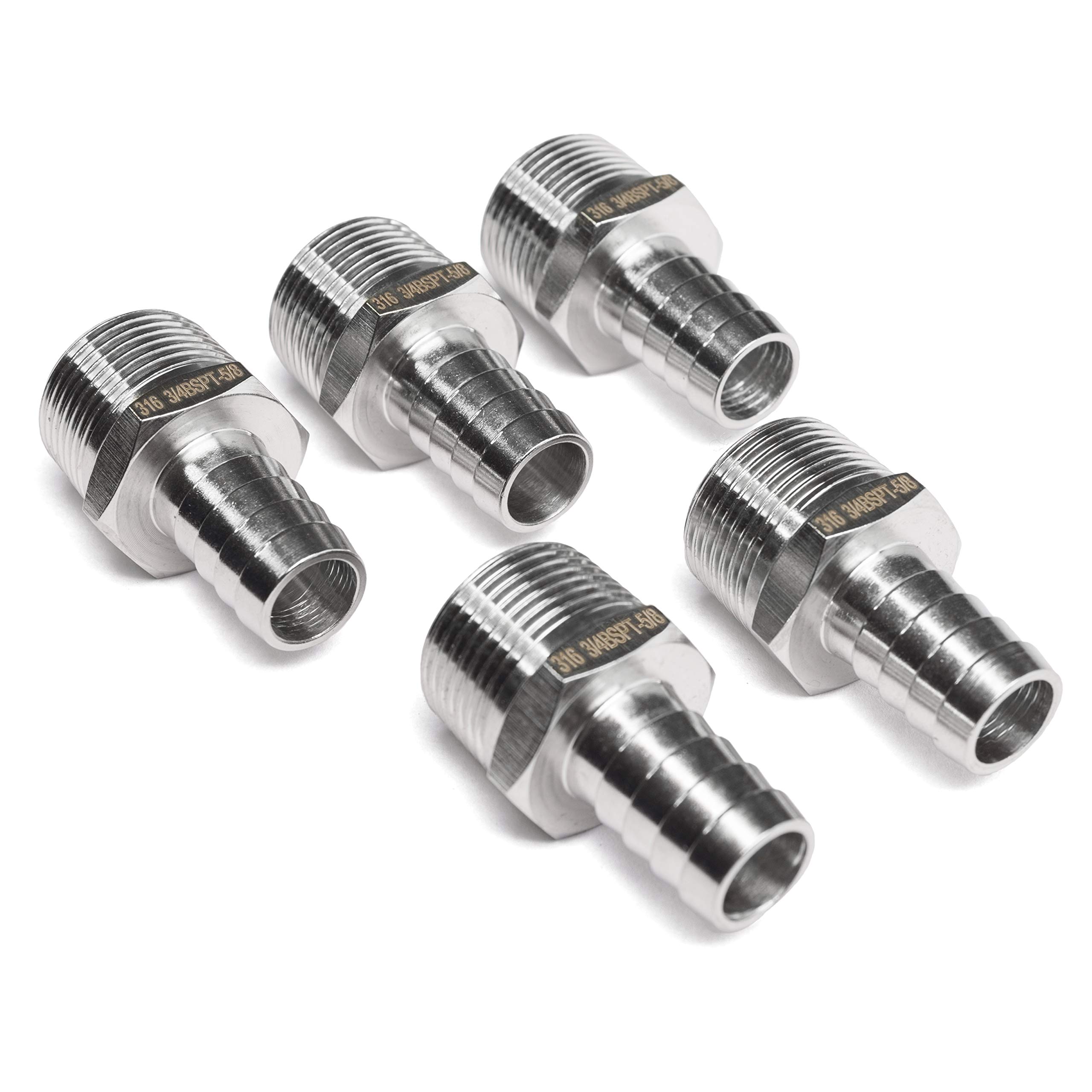 LTWFITTING Stainless Steel 316 Barbed Fitting Connector 3/4-Inch Male BSPT x 16mm Hose Barb(Pack of 5)