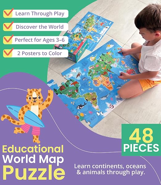 FLOOR PUZZLES FOR KIDS AGES 3-5 4-6 EDUCATIONAL 48 PIECE ANIMALS OF THE WORLD WITH 2 GIANT COLORING POSTERS PRESCHOOL LEARNING TOY GEOGRAPHY CONTINENTS OCEANS FUN GIFT SCREEN FREE FAMILY PLAYTIME