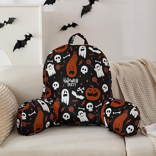 Guchuang Halloween Velveteen Cuddle Cushion - Ghost Pattern Reading Pillow for Adults & Kids, Designed for Bed and Couch Sitting Up, Includes Arms, Handle and Washable (Black, 64x46x25cm)
