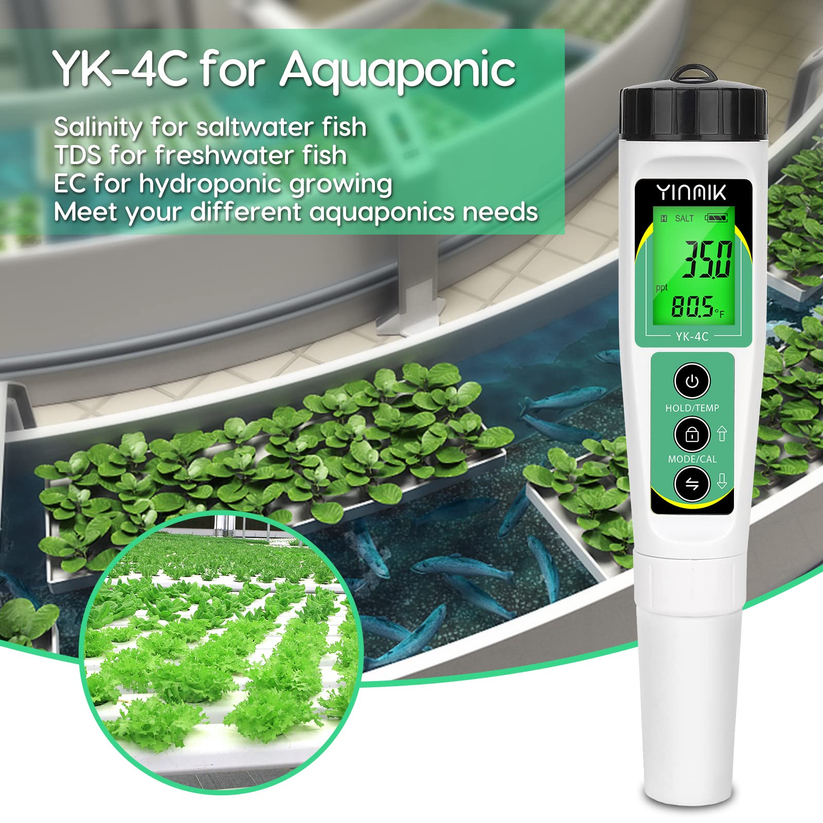 YINMIK EC Salt TDS Meter 4 In 1 Salinity Conductivity TDS Temperature ...