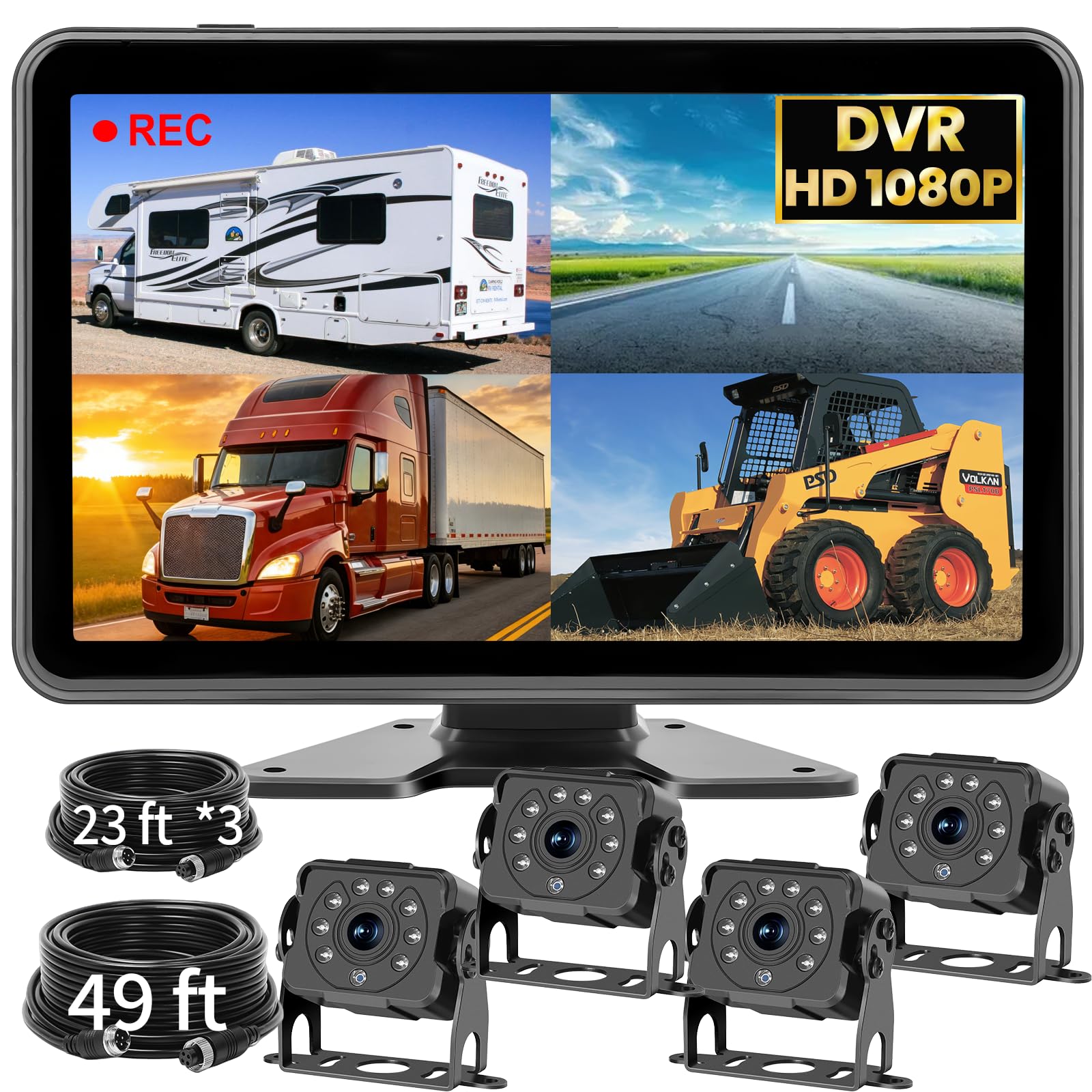 Photo 1 of 4 Wired Backup Camera System: 10.1" 1080P Touch DVR Recording Quad Split Monitor 10G Vibration-Proof IP69K Waterproof IR Night Vision Rustproof 4 Side&Rear Camera for Truck, RV, Trailer, Tractor