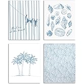 DEQSX Blue Beach Conch Seashell Palm Clothesline Wall Art Prints Set of 4, Beachy Room Decor Aesthetic, Coastal Beach Posters