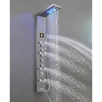 KV&V 58 NEON Geyser1011NT Thermostatic LED Shower Panel – Brushed Nickel With Rainfall, Waterfall, Jets, Hand Shower & Dual Heads, Canadian Design