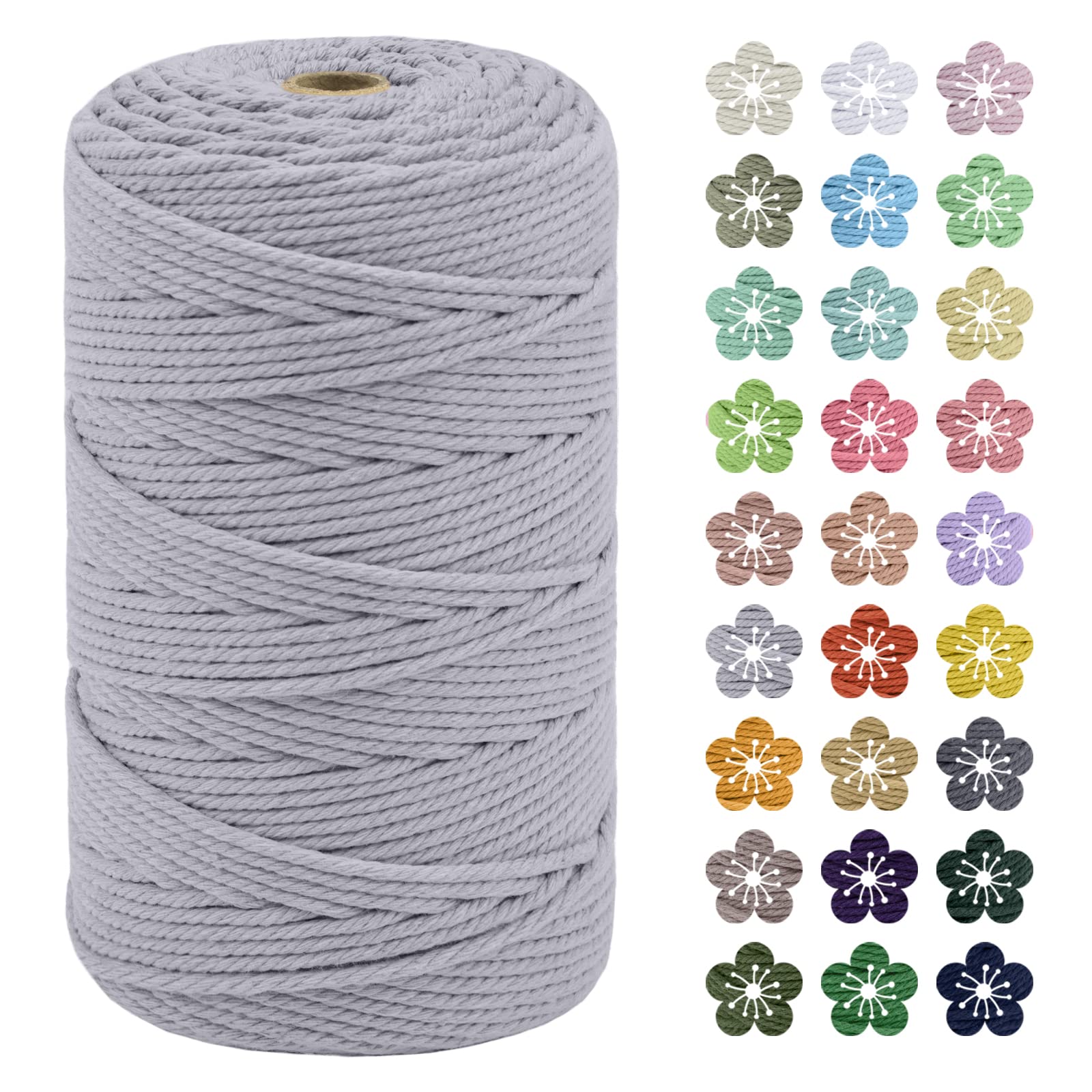 LEREATI Macrame Cord 3mm x 200m, Thick Macrame Rope Natural Cotton Rope Craft String, 4 Strand Twisted Cotton Cord Yarn for DIY Plant Hanger, Wall Hanging, Christmas Decoration (Light gray)