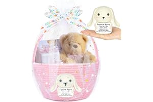 MOVOLIVI Small Woven Basket, Empty Gift Basket with Ribbon and Gift Bag, Rope Storage Basket with Handle for Baby Shower Nursery, Unique Holiday Presents (Pink)