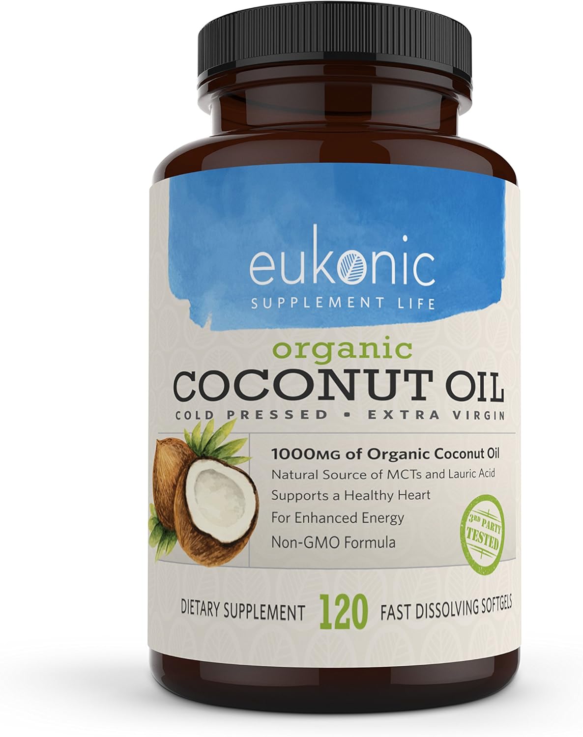 Organic Coconut Oil Capsules Extra Virgin 1000 mg by Eukonic, 120