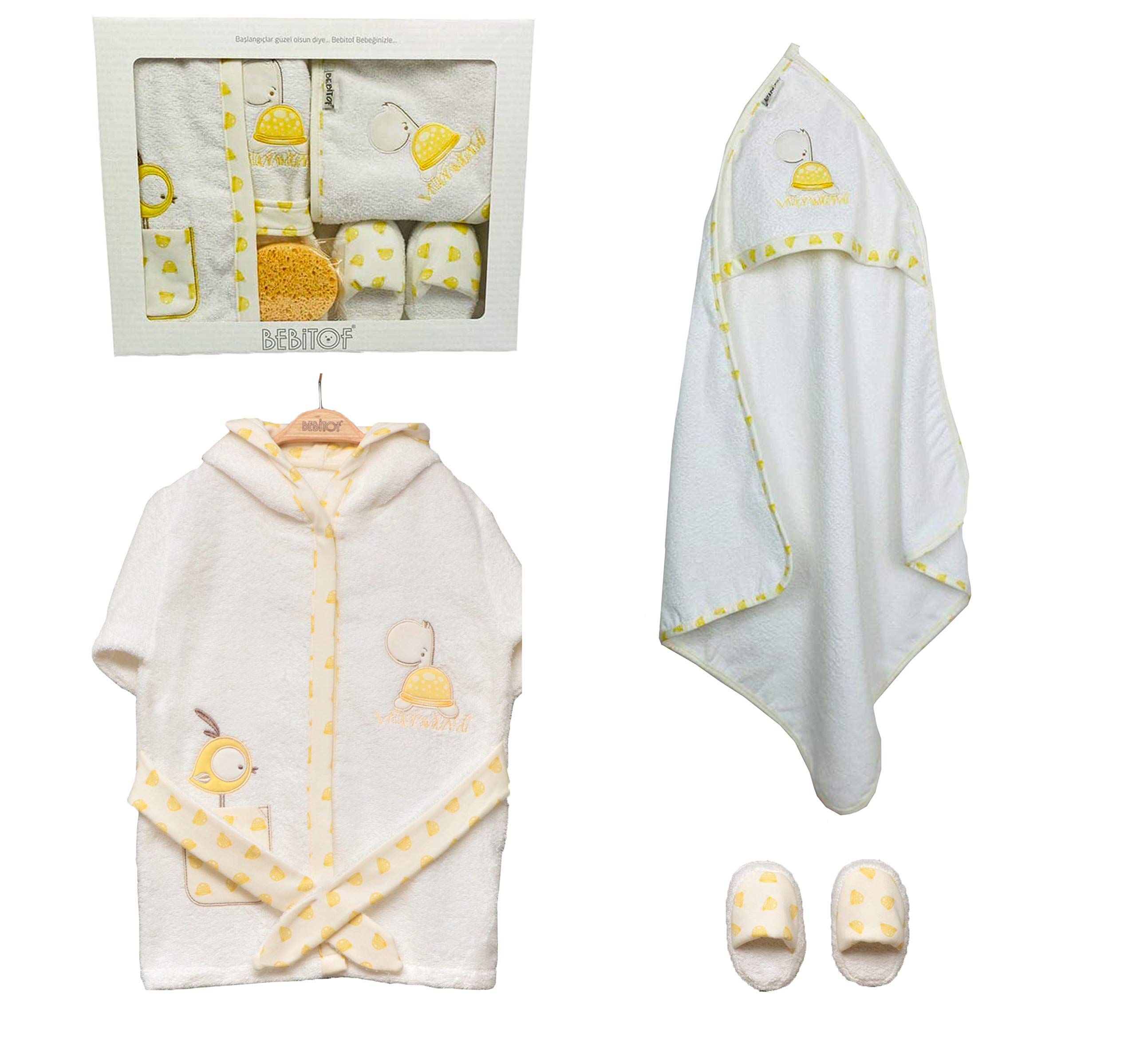 Baby Gifts Baby Boy Girl Unisex for 0-3 Years. 4 Piece Baby Bath Gift Set: Baby Hooded Towel, Bath Robe Dressing Gown with Baby Sponge & Slippers, Baby Gifts (Yellow)