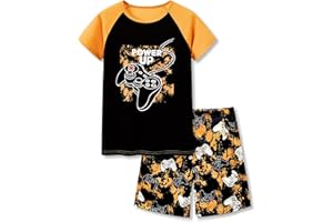 Tebbis 2-Piece Cozy Pajamas For Little/Big Boys Gamer Yellow Short Sleeves Cool PJs Set Kid Size 6-18