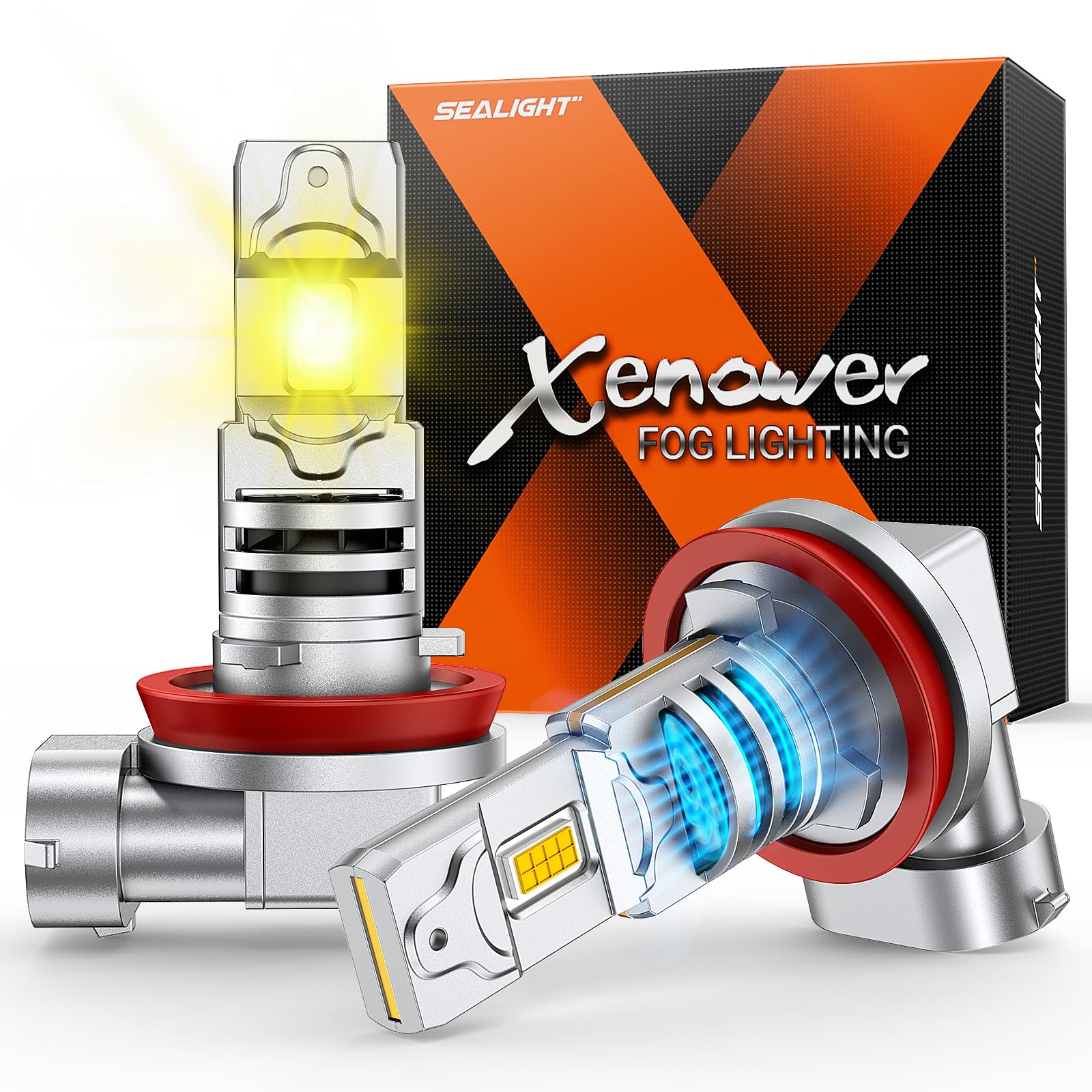 SEALIGHT H11 LED Bulb Yellow, 18000 Lumen Upgrade,1000% Brightness H11 Yellow Fog Lights, 12000RPM Cooling Fan, 60000H Lifespan, IP68, Pack of 2 Image