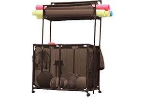 Essentially Yours Pool Storage Equipment Organizer Holder - Noodles, Toys, Balls and Floats Mesh Rolling Double Decker Bin, Large with Noodle Holder, (35.3" W x 23" L x 59.4" H), Brown Style 561935