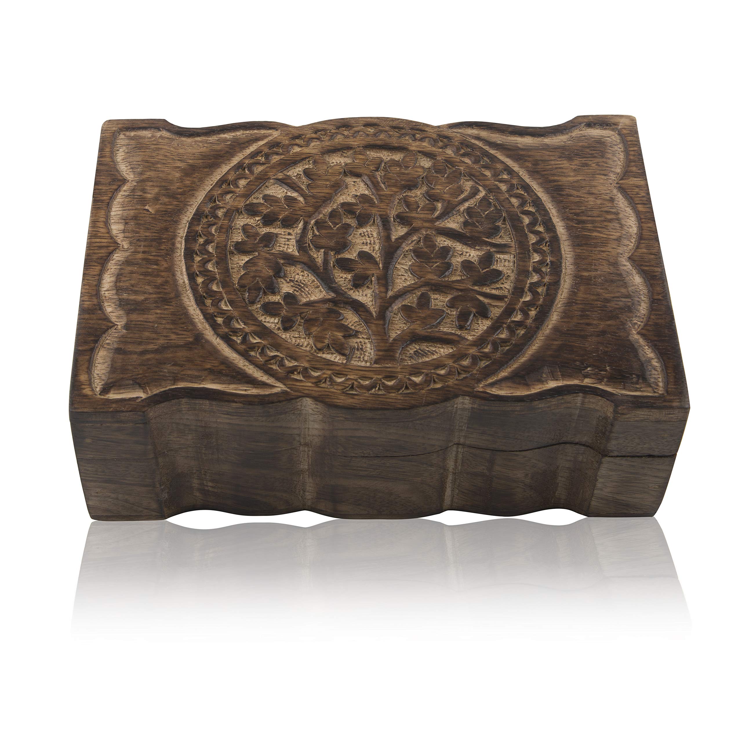 Great Birthday Gift Handmade Decorative Wooden Jewelry Keepsake Box Tree Of Life Carving Jewelry Organizer Treasure Chest Trinket Holder Watch Storage Lock Box Housewarming Gift (Antique)