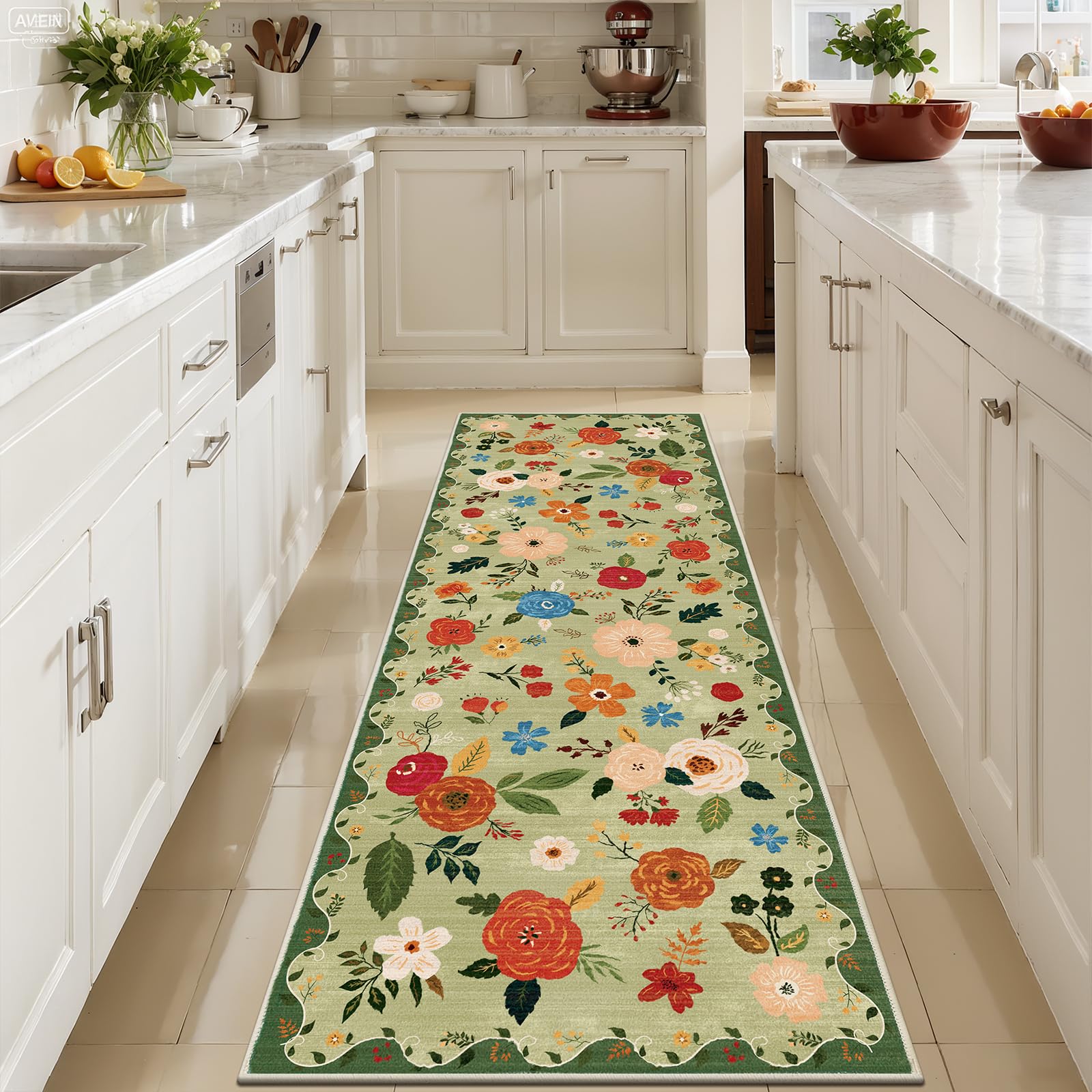 U'Artlines 2'x6' Boho Runner Rug for Hallways Kitchen Colorful Floral Soft Non Slip Washable Floor Carpet Runners for Entryway Laundry Room Bathroom Green Image