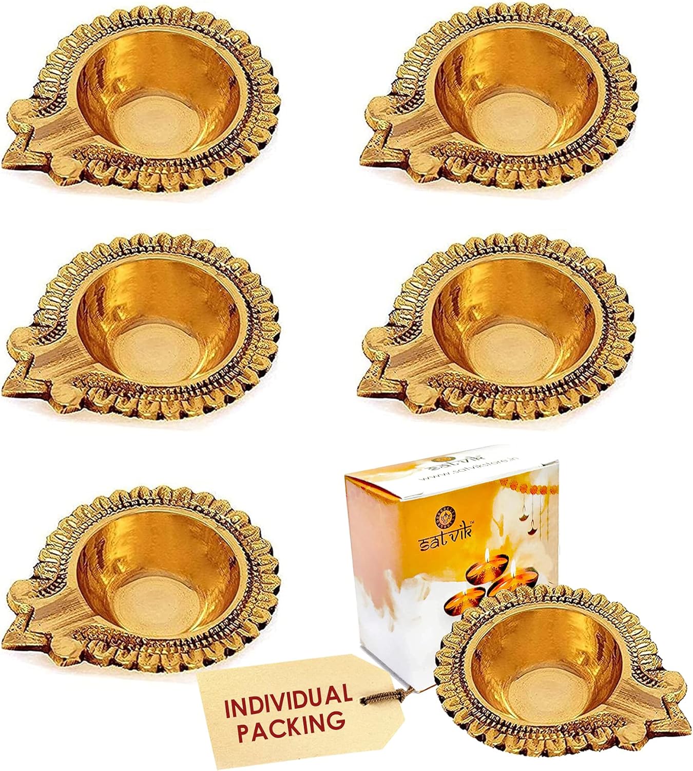 Oil Lamps & Accessories - SATVIK 6 Pc Lakshmi Deepak for Diwali Decoration. Handmade Oil Lamp Golden Engraved Made of Virgin Brass Metal Vilakku for Puja Pooja. Traditional Indian Deepawali Housewarming Return Gift Items