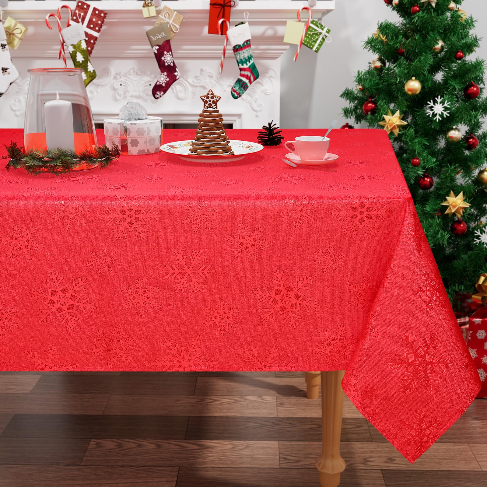 smiry Christmas Table Cloth Wipe Clean 140x100 cm, Xmas Wipeable Rectangle Polyester Tablecloth with Snowflakes, Fabric Washable Table Cover for Dining Party and Festival, Red
