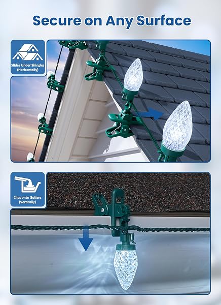 C9 LED CHRISTMAS LIGHTS OUTDOOR, 68 FEET 100 LED STRAWBERRY STRING LIGHTS WITH 100 SPRING CLAMPS, WATERPROOF COMMERCIAL GRADE EXTENDABLE FOR OUTSIDE ROOFLINE PATIO HOME XMAS DECORATION, PURE WHITE