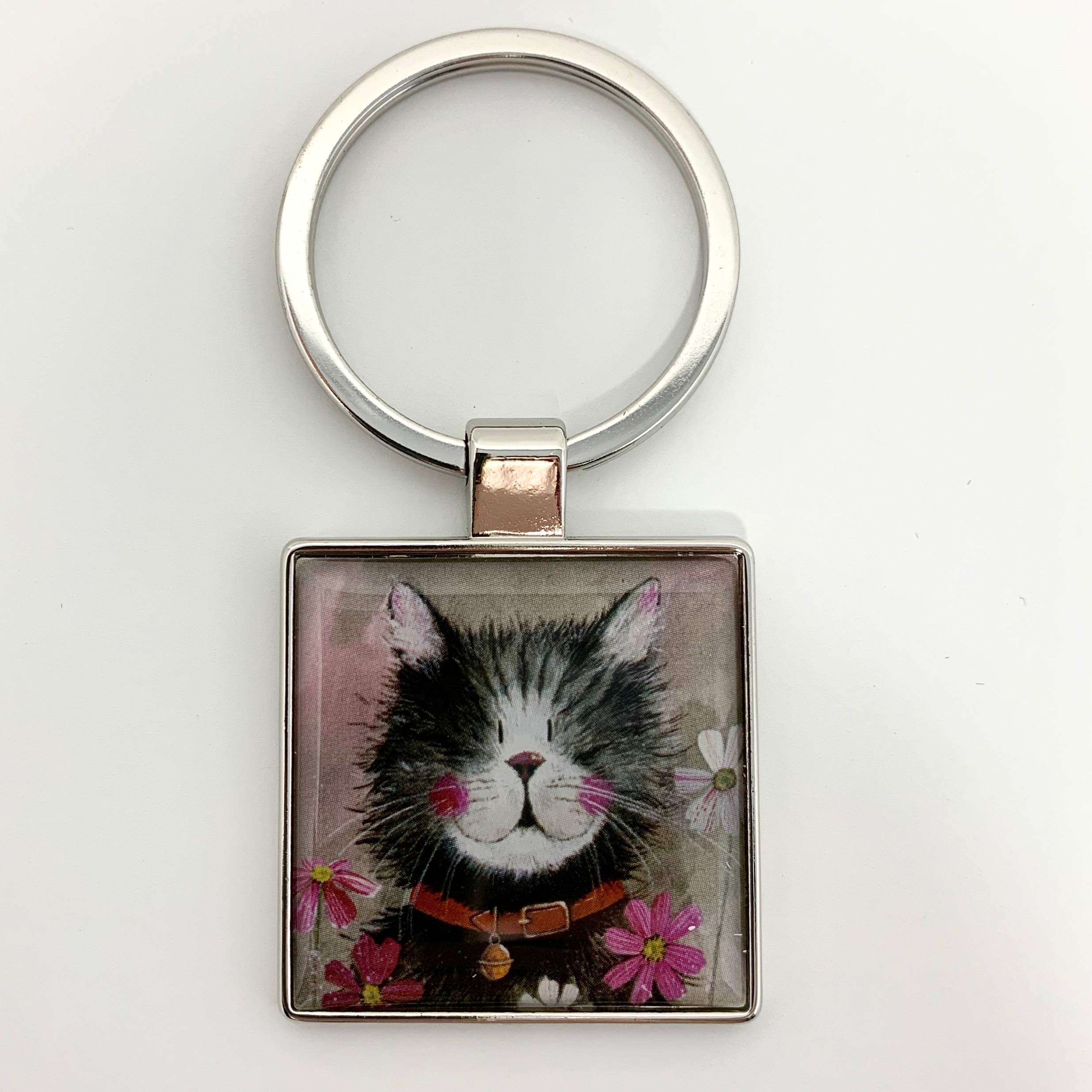 Alex Clark Whiskers Cat Keyring - Pets - Animals - Flowers - Original Artwork - Key Fob for Cat Lovers - Gift Ideas - For Purses, Bags & Keys - Designed in The UK...
