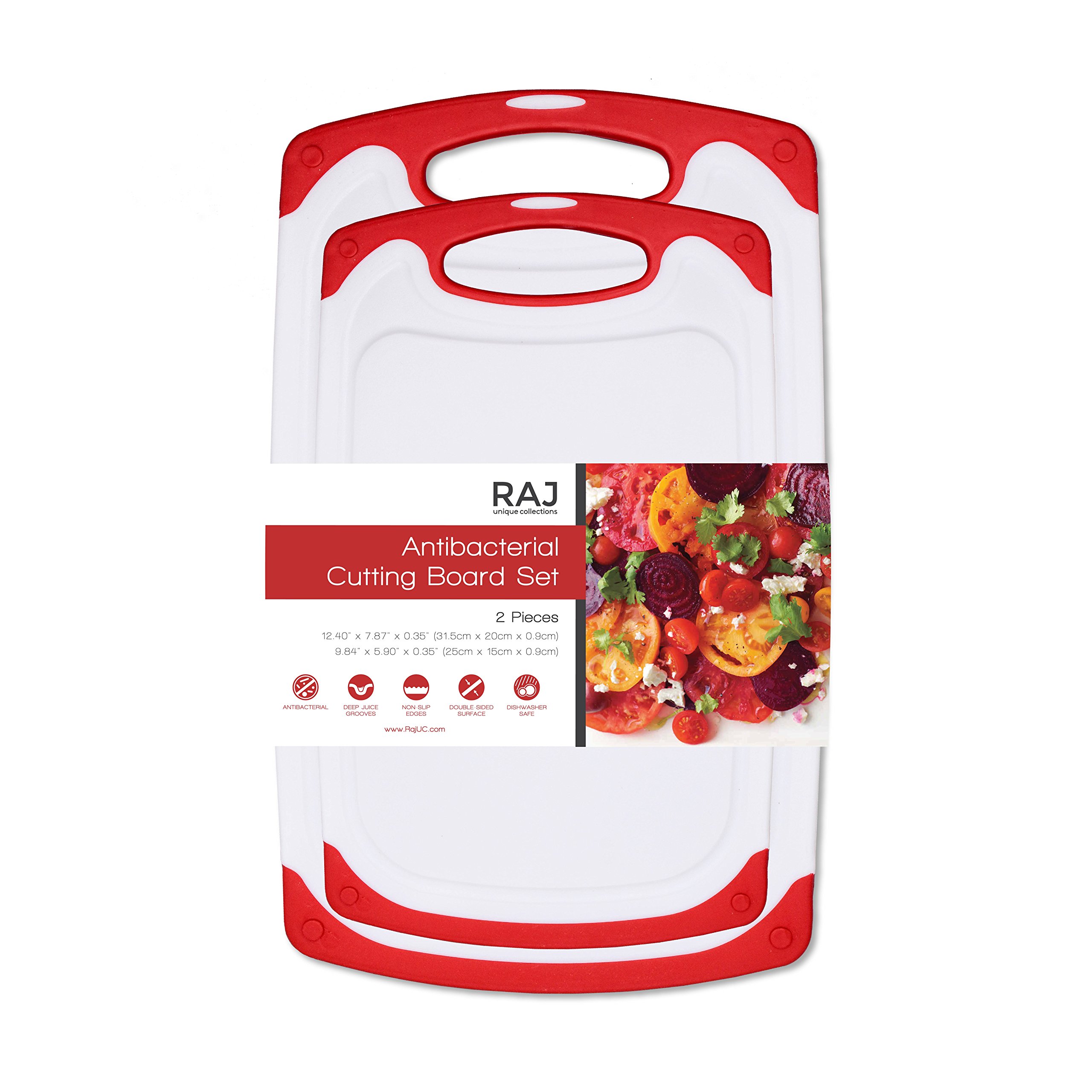 Raj Non-Slip Antibacterial Plastic Cutting Board, Deep Juice Groove, Dishwasher Safe, BPA Free, FDA Approved White and green (2 Pieces, White board with Red Ends)