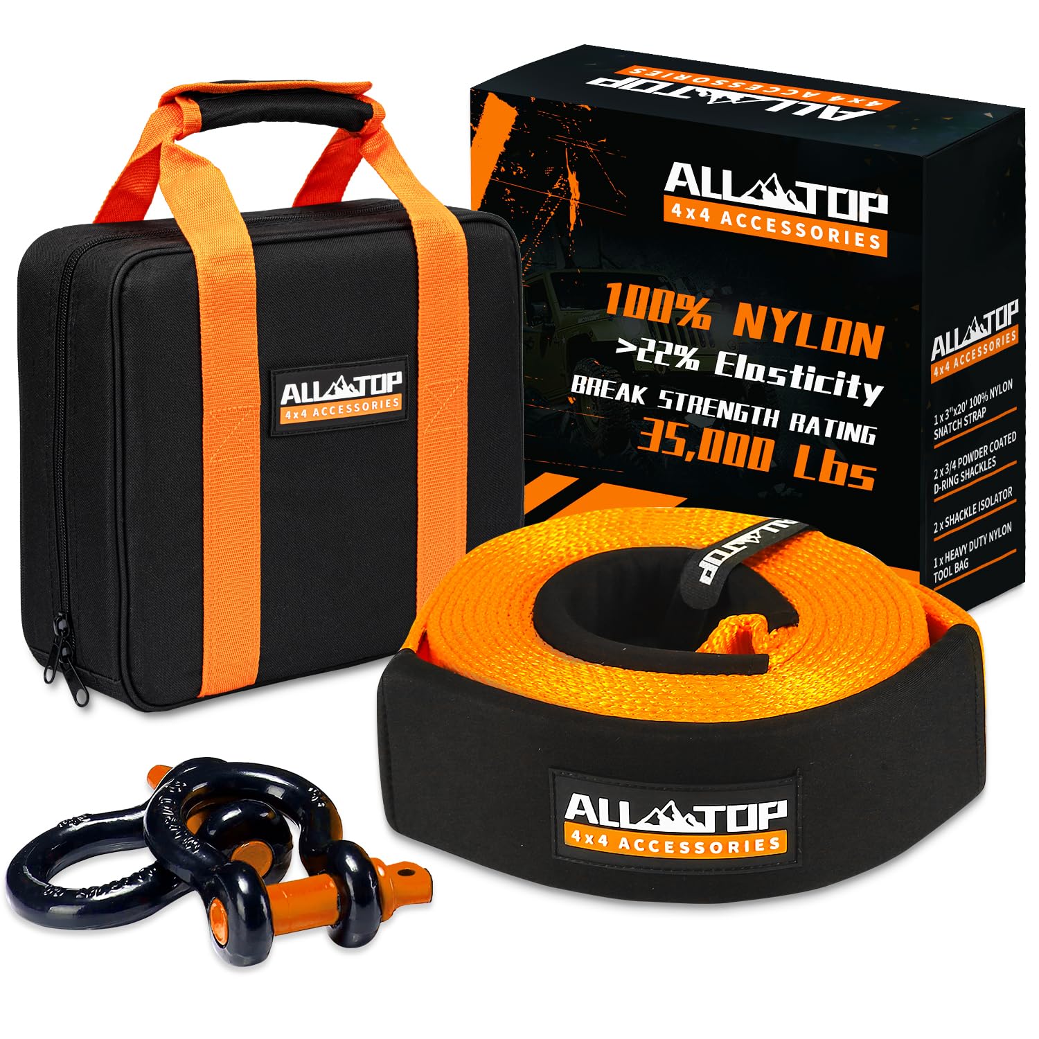 Photo 1 of ALL-TOP Heavy Duty Tow Strap Recovery Kit: 3 inch x 20ft (35,000lbs) 100% Nylon and 22% Elongation Snatch Strap + 3/4 Heavy Duty D Ring Shackles (2pcs) + Storage Bag