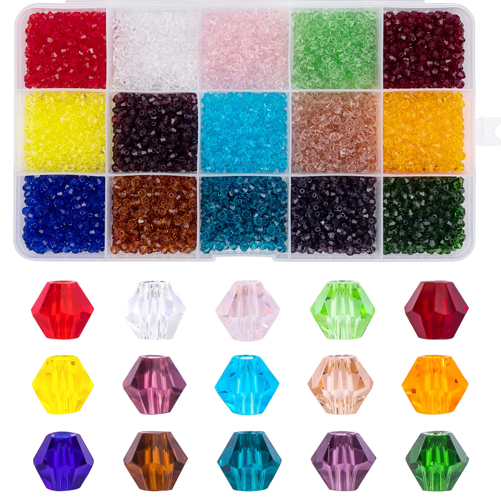 MissAudrey 3750pcs Bicone Glass Beads 3mm Bicone Crystal Beads for Jewelry Making Faceted Crystal Glass Bead 15 Colors for DIY Beading Projects Bracelets Necklaces Earrings Suncatcher Crafts