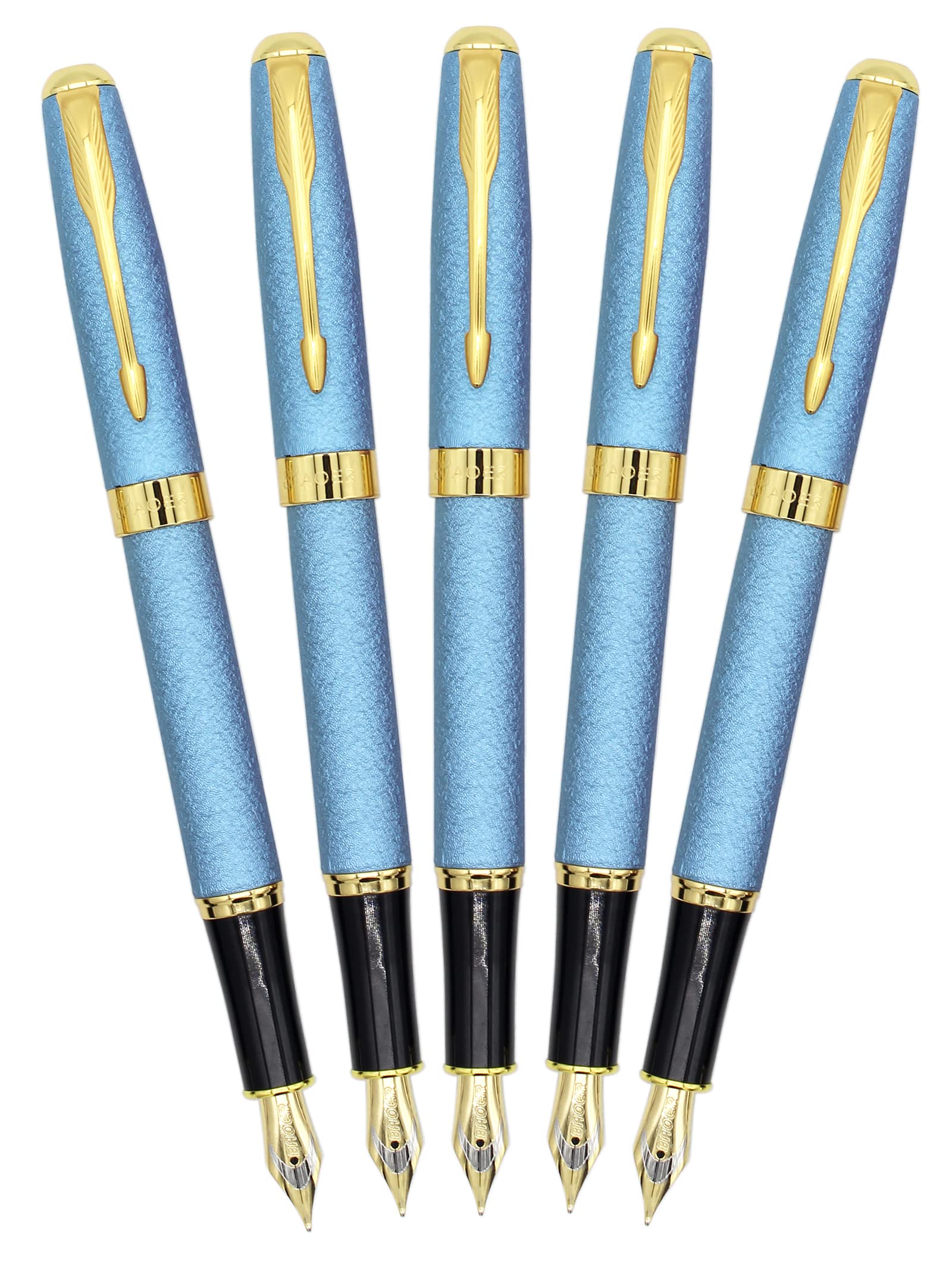 Gullor 5 PCS Classic Metal Fountain Pen B388, Gold Trim, Gift Pens with Converters, Blue