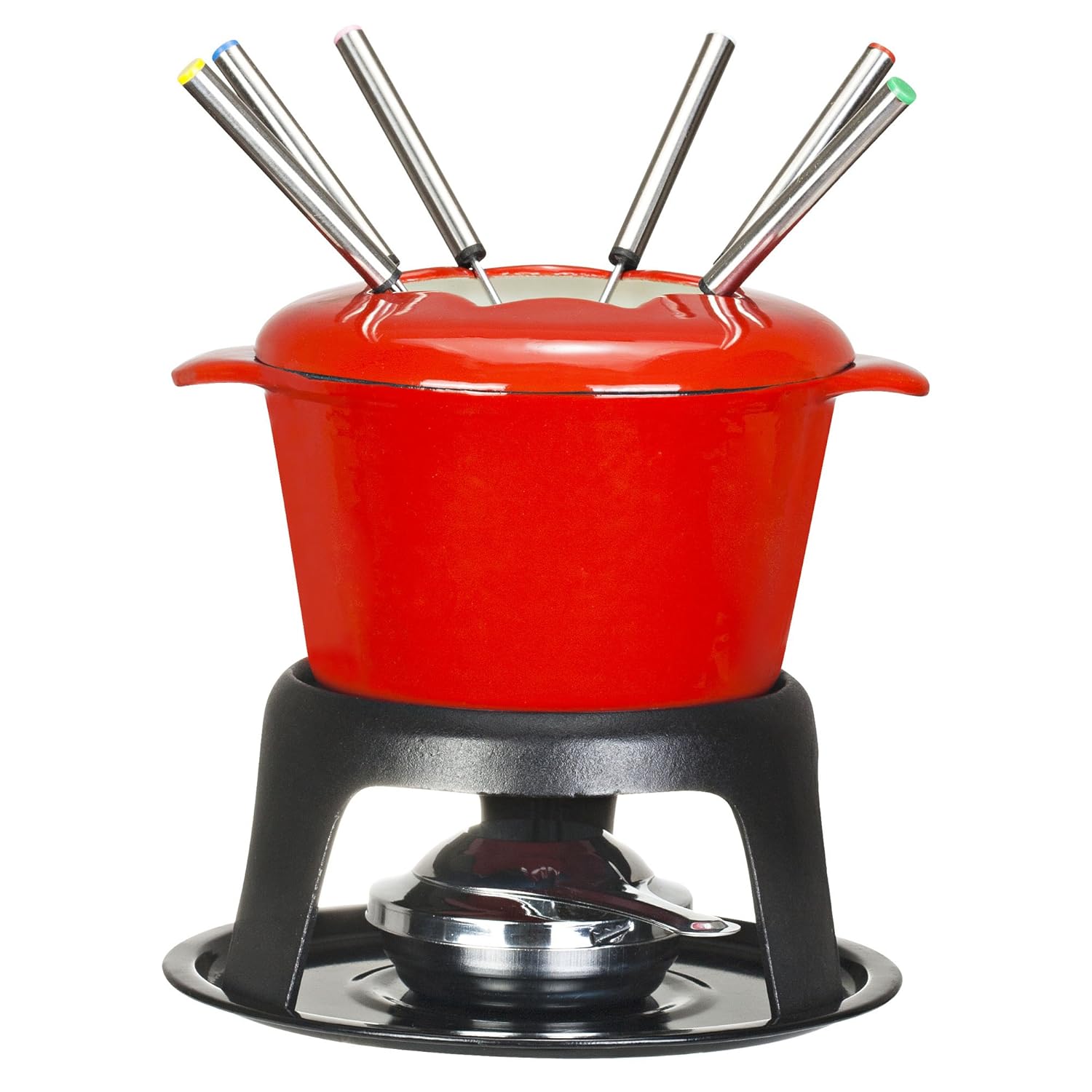 VonShef Fondue Set Stylish Red Cast Iron Porcelain Enamel For All