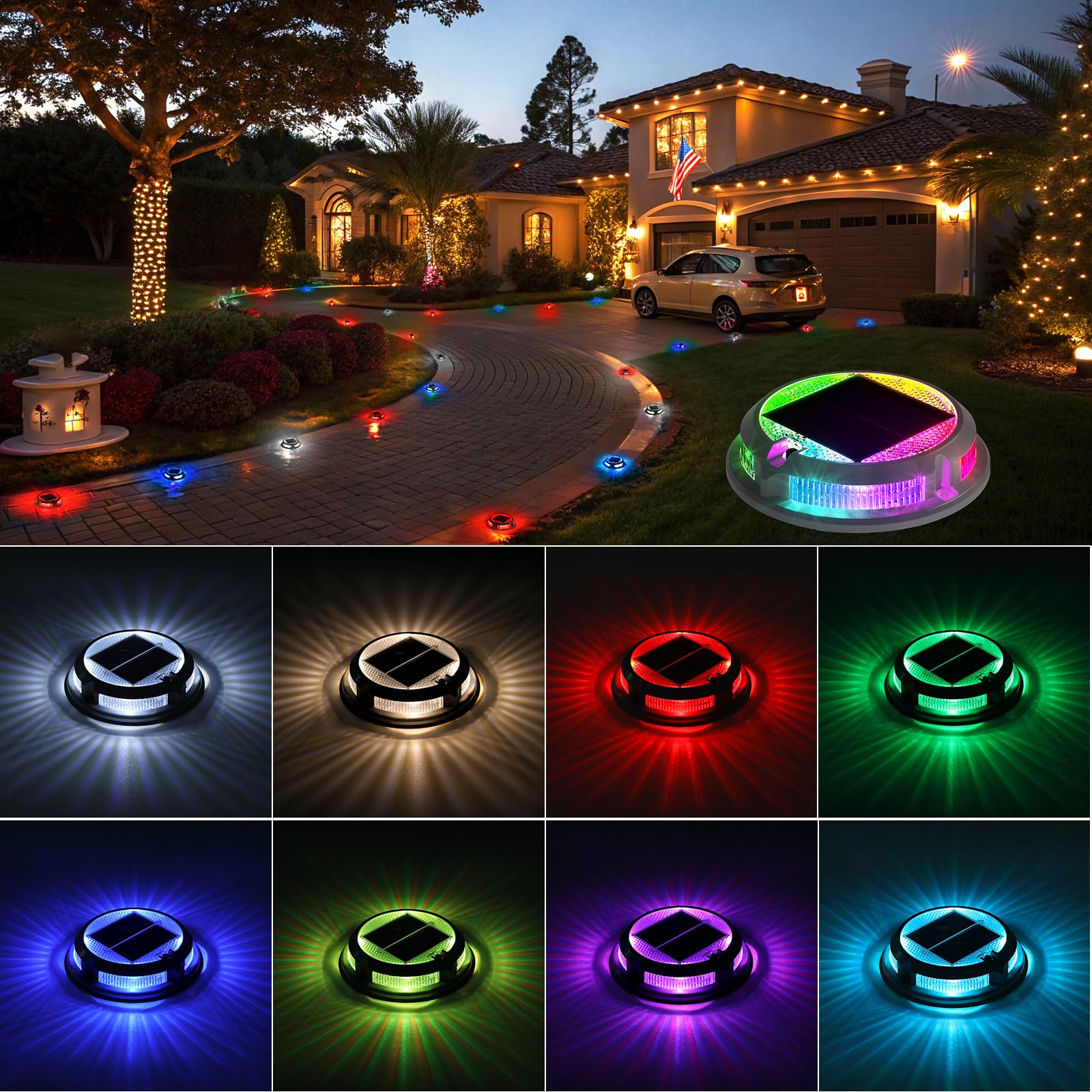 Photo 1 of Solar Driveway Lights Outdoor 12 Pack, RGB Colors Solar Deck Dock Lights Outdoor Waterproof IP68, 3 Dynamic Light Modes Driveway Marker for Warning Stair, Boat Dock, Step, Walkway, Garden Decor