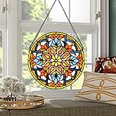 Handcrafted Stained Glass Window Panel - 12-Inch Round Floral Design with Vibrant Colors, Elegant Decorative Hanging Art for Home Décor, Includes 20-Inch Chain & Hook (Maple Leaf)