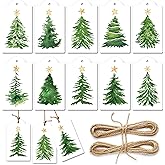 120 Pcs Christmas Tree Gift Tags with Hemp Rope Green Watercolor Christmas Tree Paper Tags Winter Holiday Hanging Name Labels for Xmas Party Favor Present Decoration