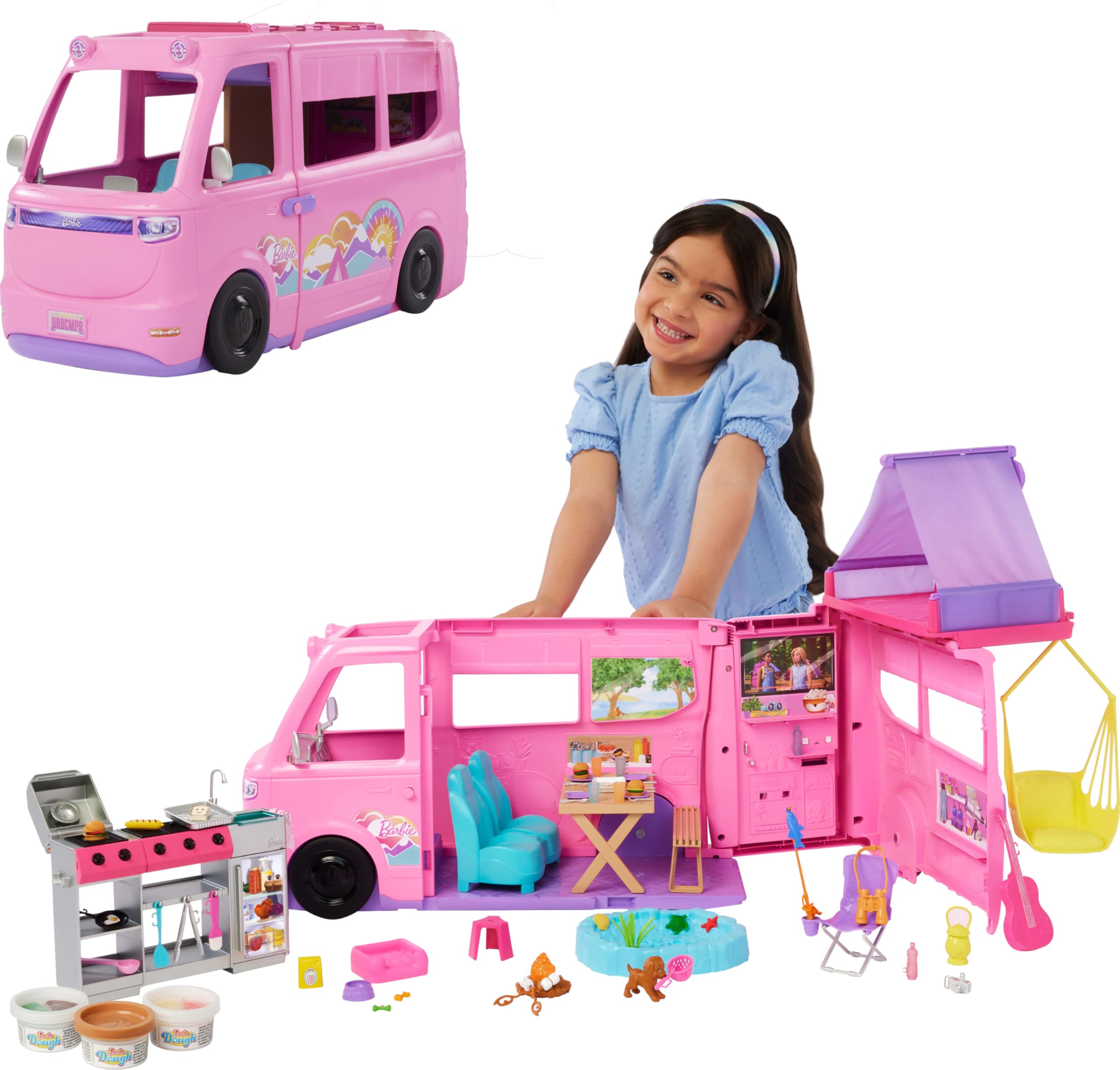 Barbie Dream Camper Playset with Roof Tent, Swing Chair, Fishing Pond, BBQ Grill with Color-Change Feature & 60+ Accessories Including Dough Image